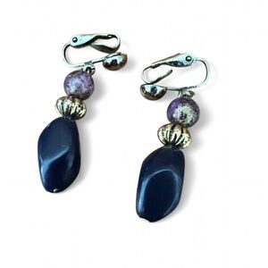 Vintage Blue Bead Dangle Clip On Earrings